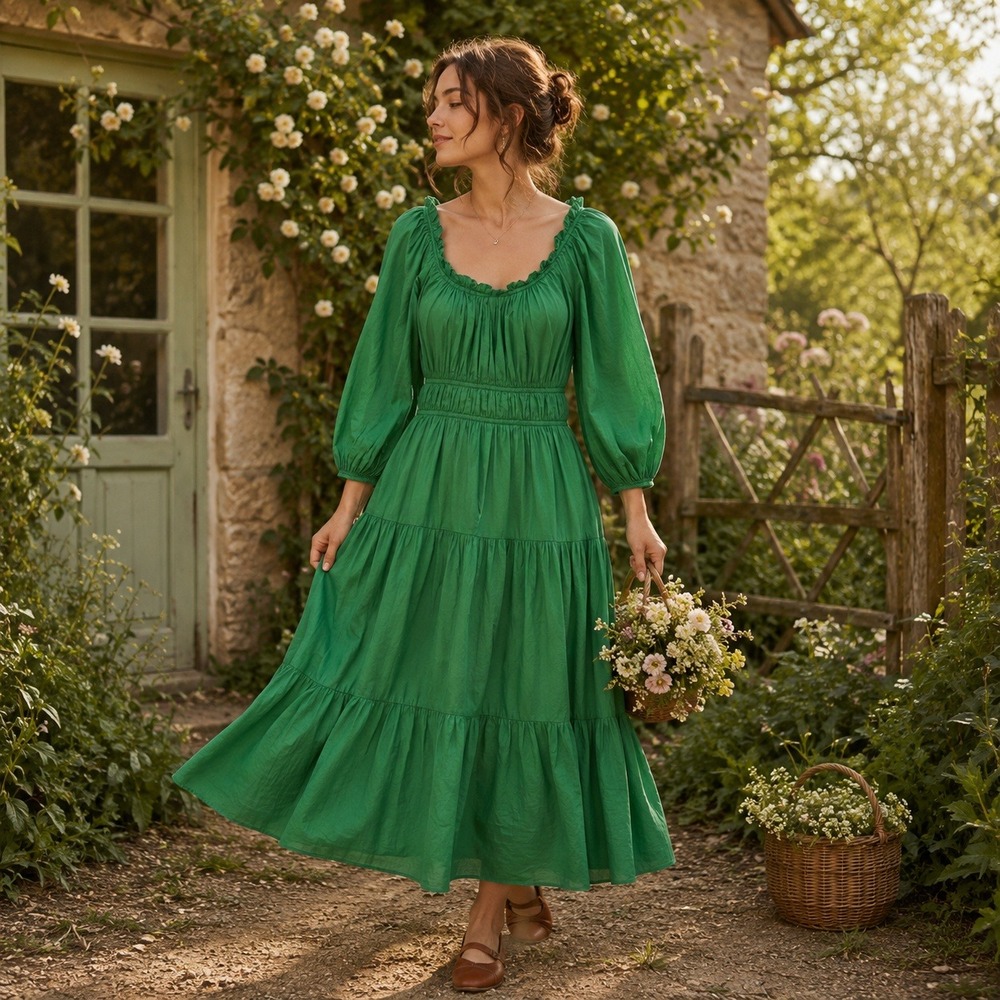 The Great Tiered Cotton Maxi Dress Size 1 S Green Boho Peasant Ren Faire Cottage